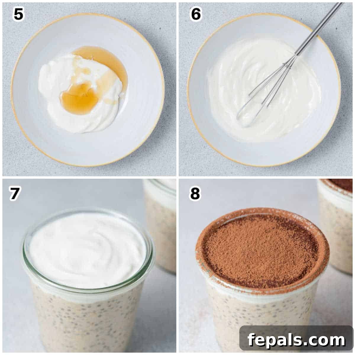 Creamy Tiramisu Overnight Oats 5 A process shot showing the assembly of Tiramisu Overnight Oats in a jar, with layers of oats and yogurt.