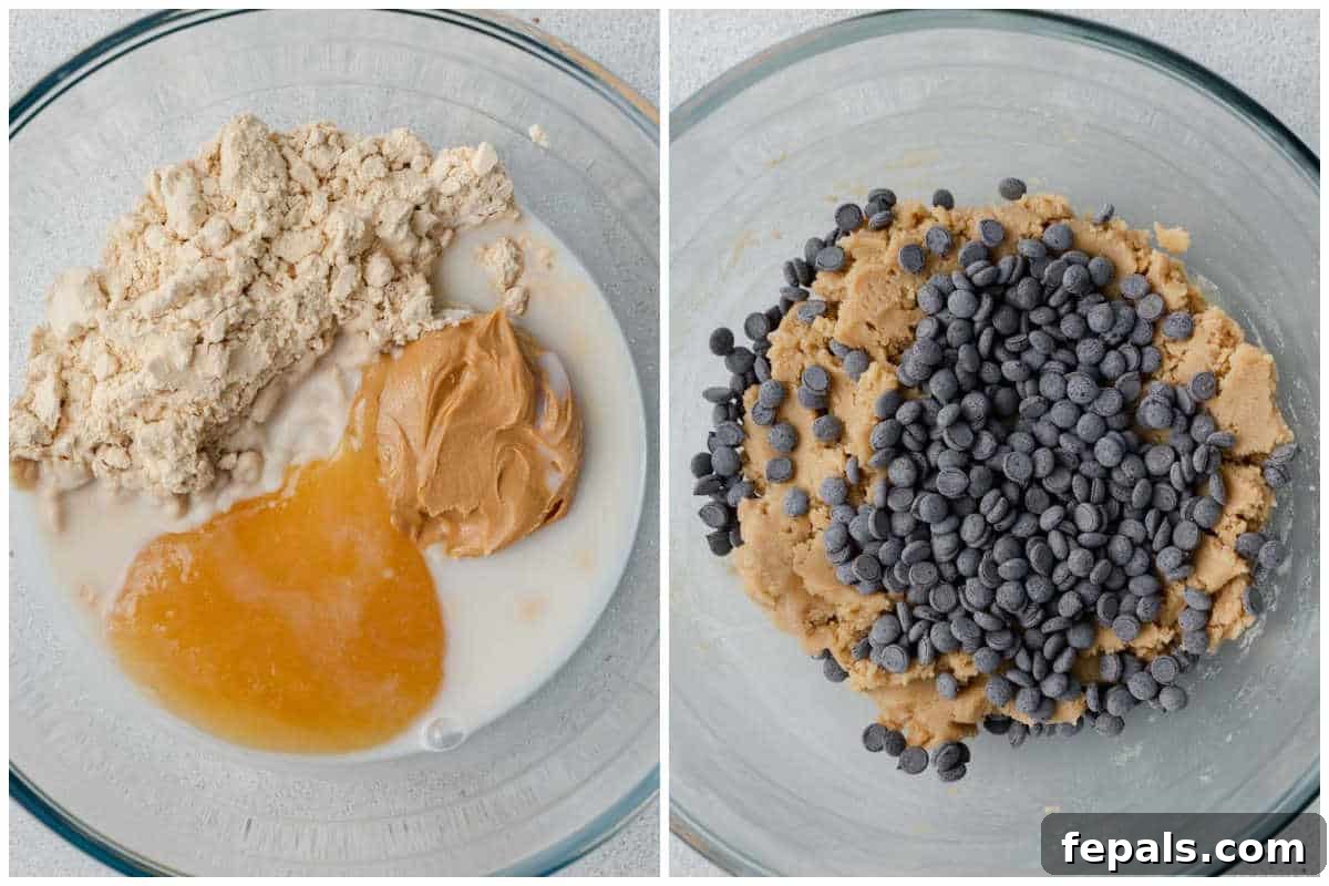 Guilt-Free Protein Cookie Dough 4 Process shot showing the dry and wet ingredients being mixed for edible protein cookie dough.