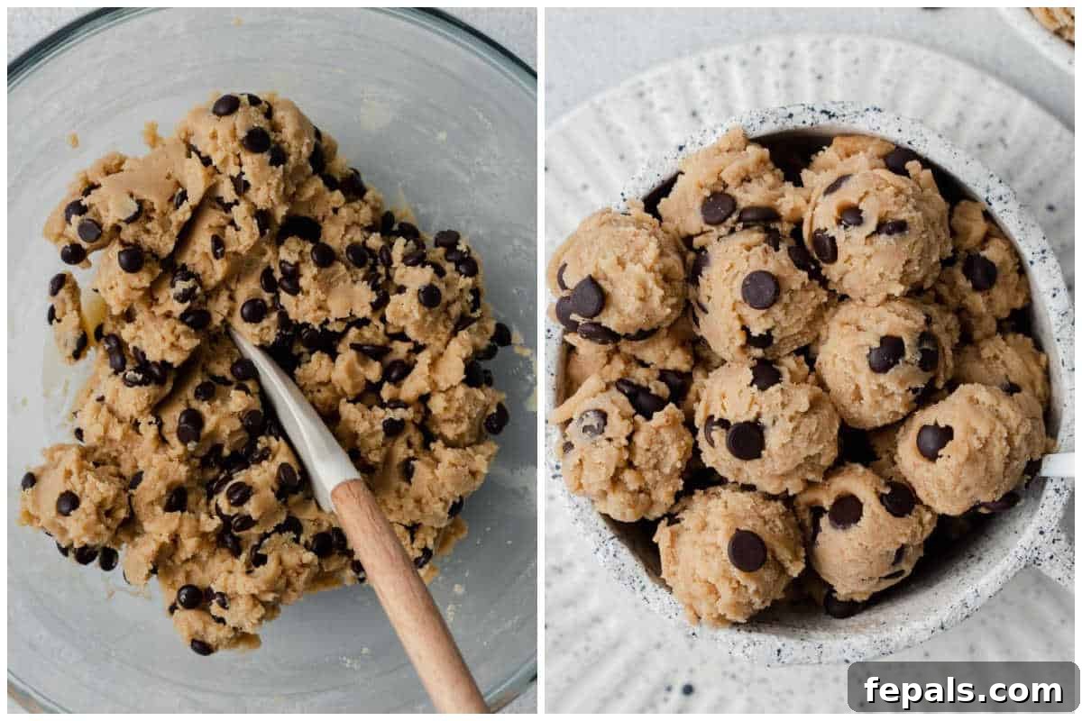 Guilt-Free Protein Cookie Dough 5 Process shot showing chocolate chips being folded into the cookie dough and then portioned into bites.