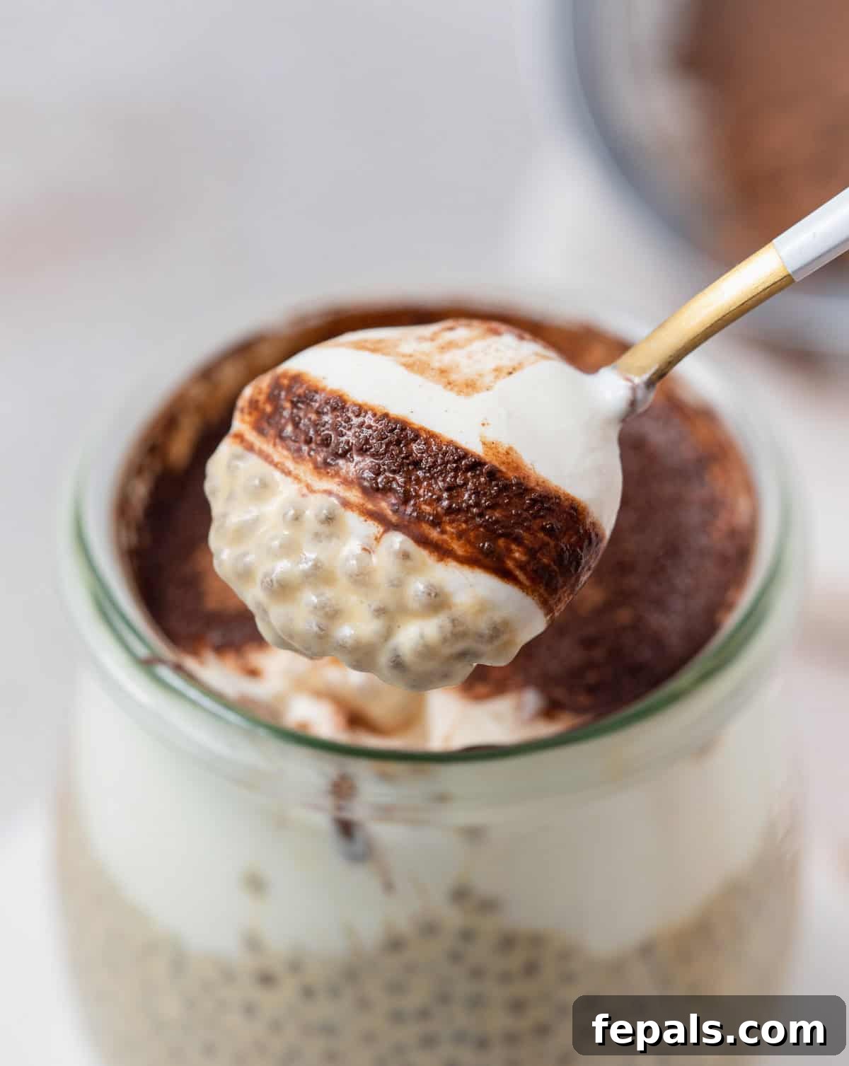 A spoonful of tiramisu chia pudding with layered with yogurt and cocoa powder