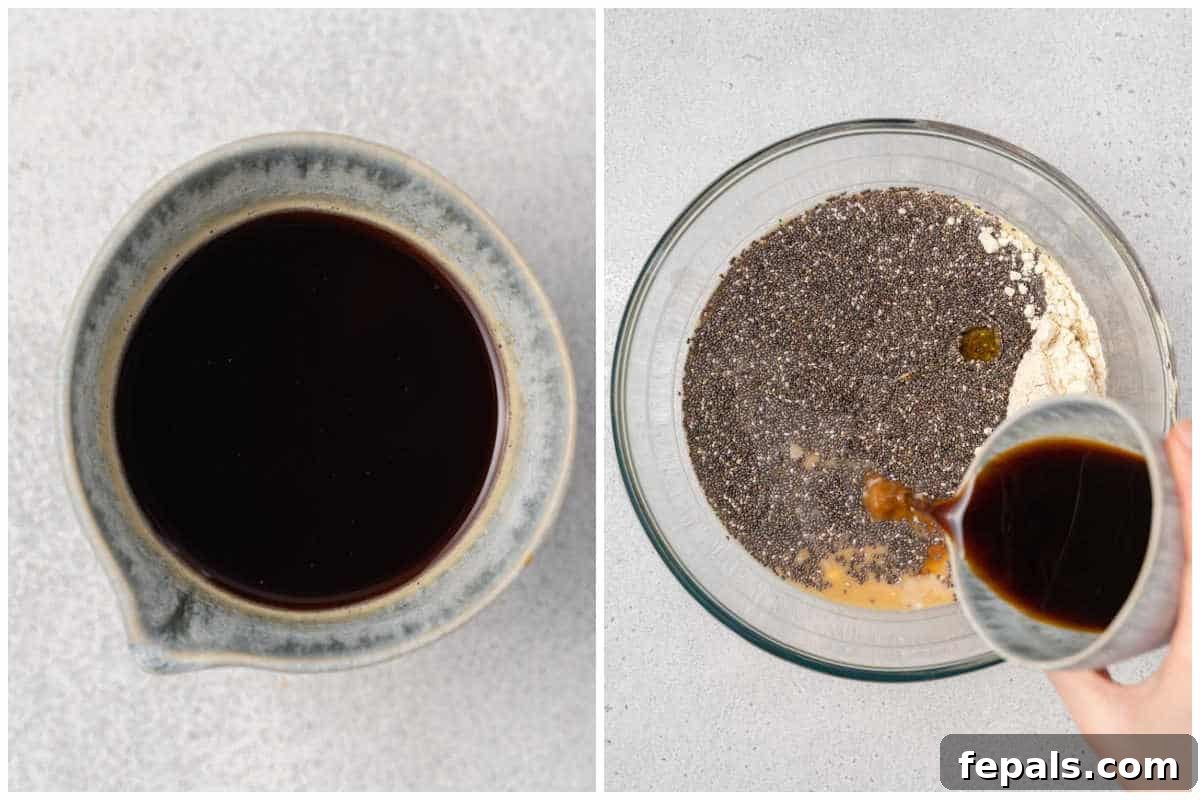Process shot of coffee and adding the coffee, chia, milk, and yogurt in a bowl, illustrating the initial mixing steps for tiramisu chia pudding.