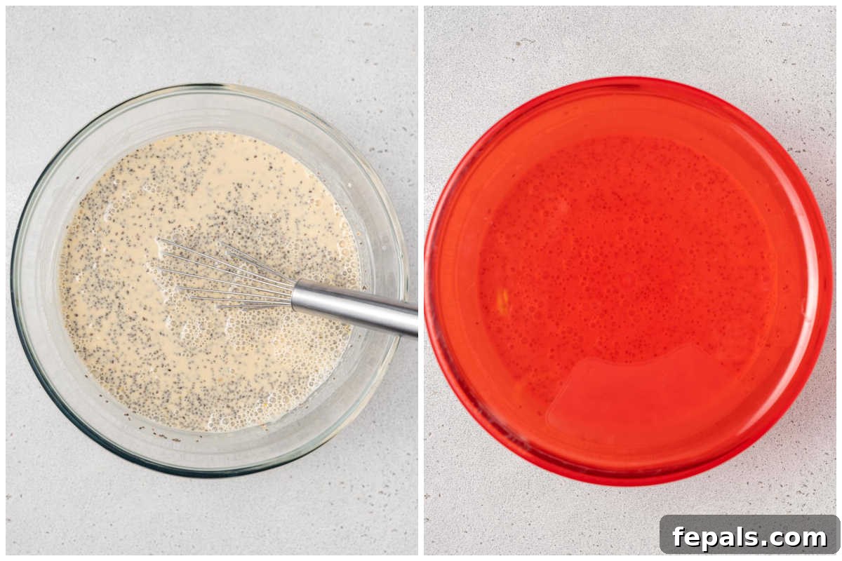 Process shot of mixing the chia pudding in a bowl and covering it, preparing it for chilling in the fridge.