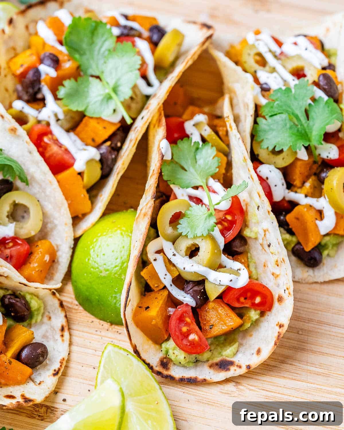 A close-up of several Black Bean Sweet Potato Tacos ready to be served, topped with vibrant vegetables and fresh herbs.