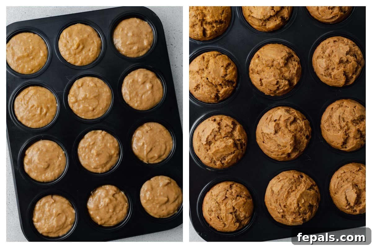 Process shot of golden-brown pumpkin banana muffins baking in a 12-cup muffin pan, filling the kitchen with a cozy aroma.