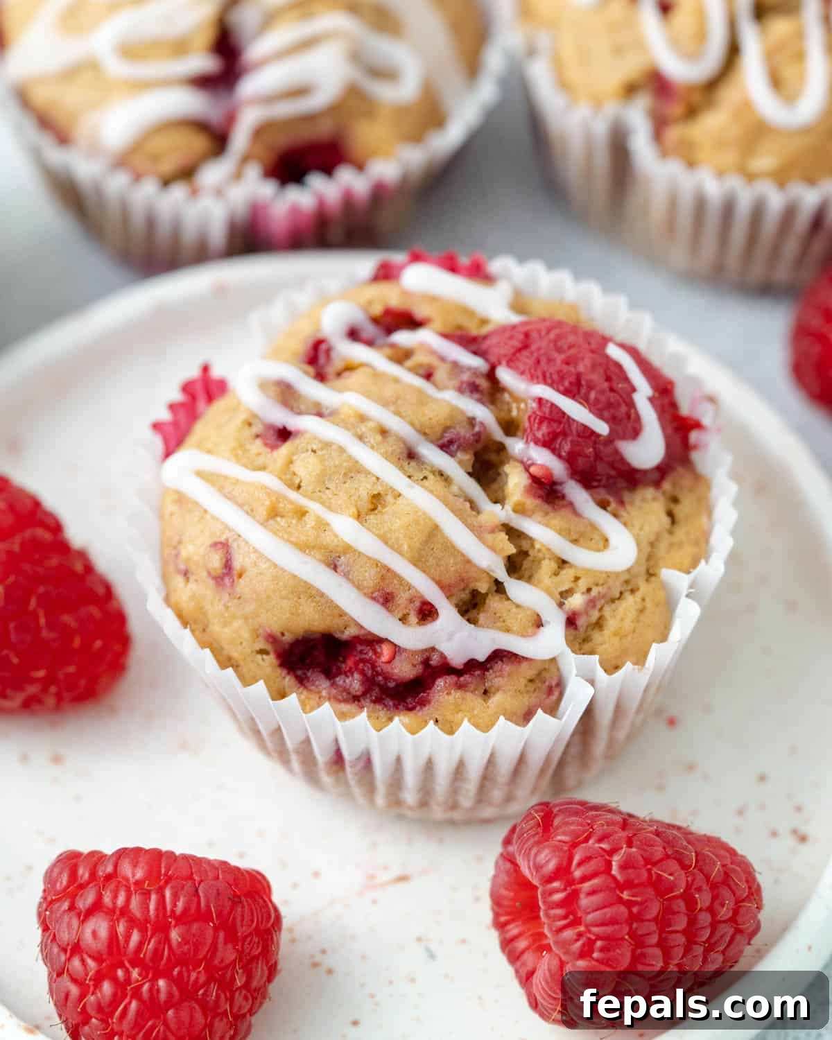 A perfectly baked raspberry muffin on a plate, delicately drizzled with a sweet sugar glaze.