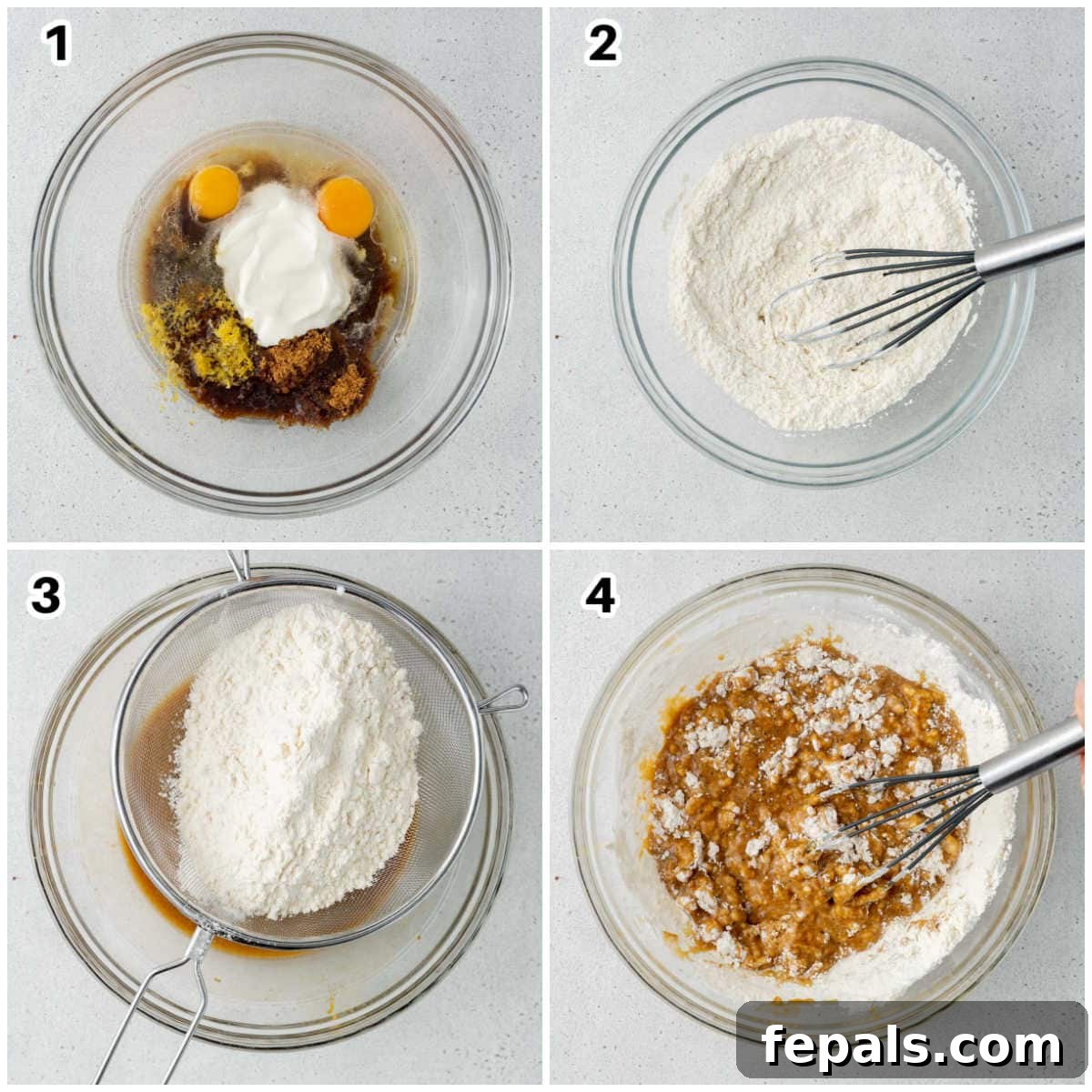 A visual step-by-step process showing the wet ingredients being combined for the raspberry muffin batter.