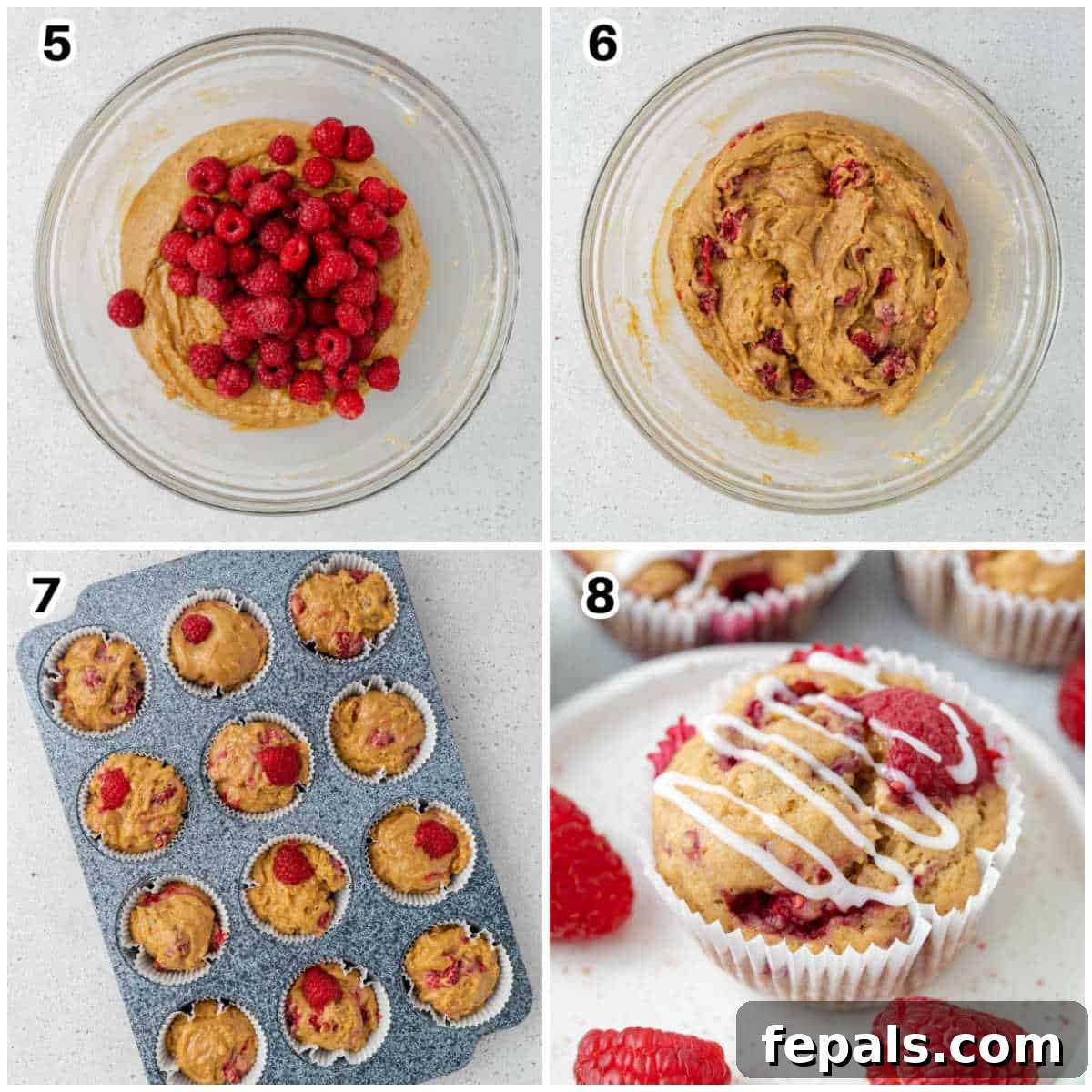 A sequence of images demonstrating the process of mixing raspberries into the muffin batter and then baking the muffins in a pan.