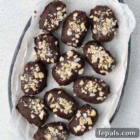 date snicker bites coated in chocolate and topped with chopped peanuts added on a plate.