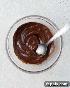 A bowl of melted dark chocolate with a spoon.