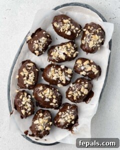 Overhead shot of the full platter of finished date Snickers with a sprinkle of chopped nuts on top.
