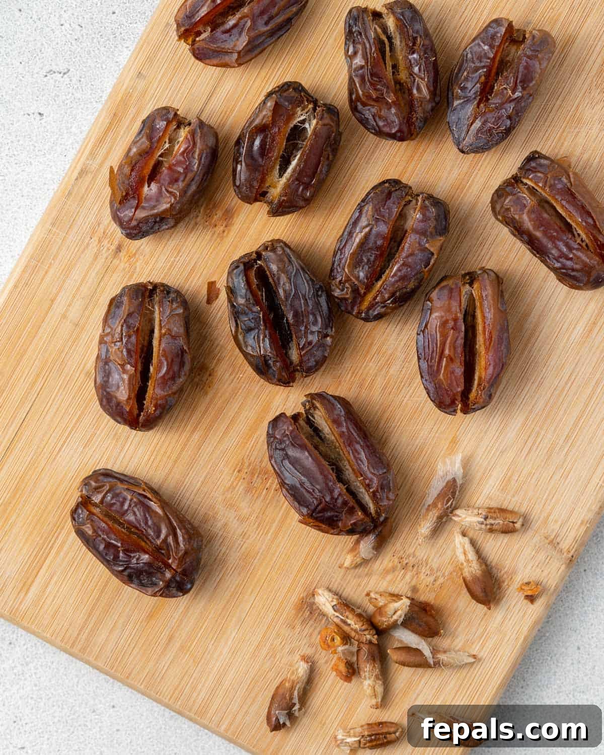 A cutting board with halved, pitted dates next to the date stones.