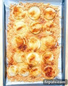 Golden Crunch Onion Rings 16 baked onion rings on sheet pan.
