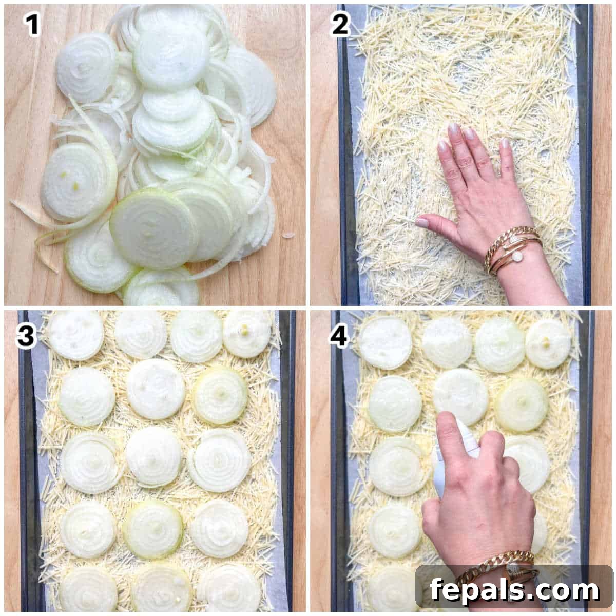 Golden Crunch Onion Rings 4 Four sequential images demonstrating the process: slicing onions with a mandoline, spreading shredded Parmesan cheese on a baking sheet, carefully placing onion slices over the cheese, and seasoning them generously.