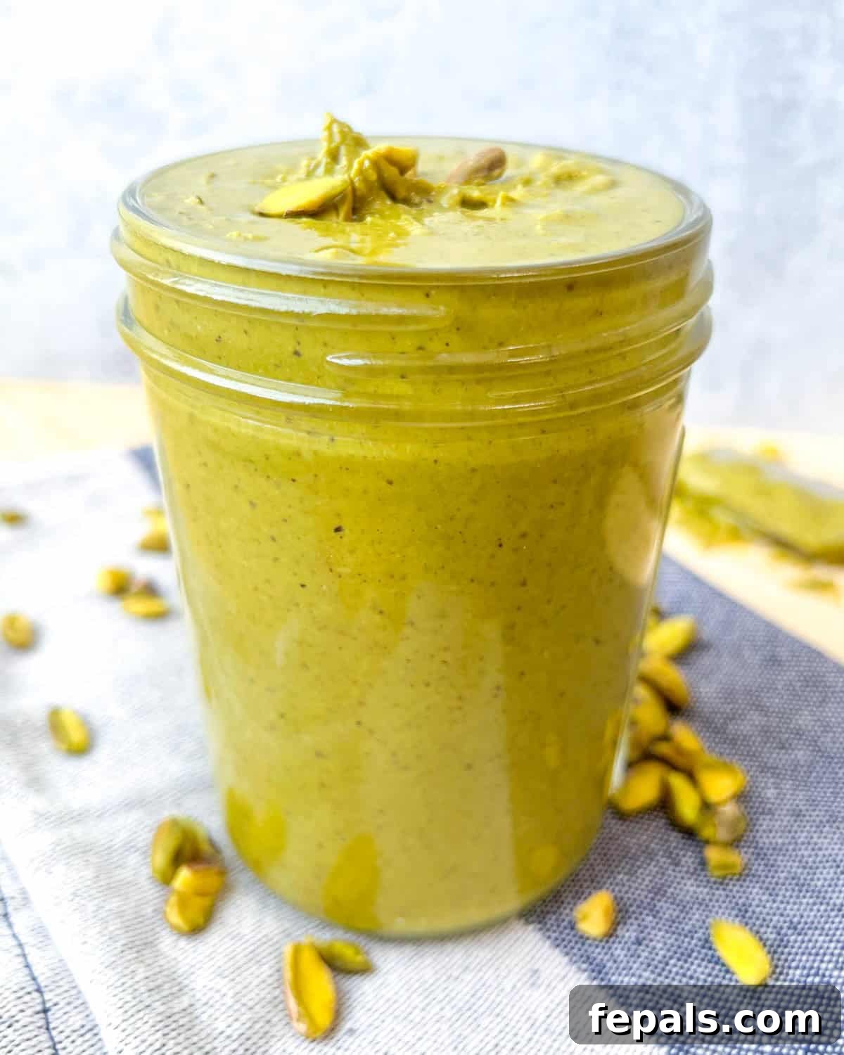 Decadent Pistachio Cream 13 A rustic shot of a jar filled with creamy pistachio spread, evoking warmth and comfort.