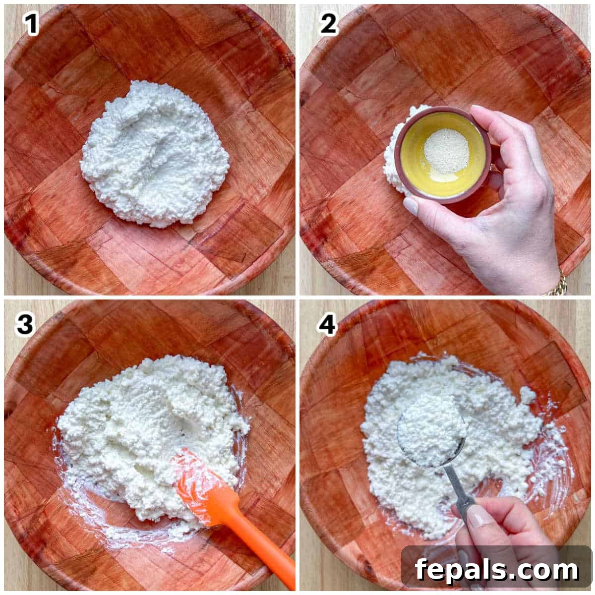 Crispy Cottage Cheese Bites 4 Process shot showing cottage cheese being added to a bowl and mixed with onion powder, ready for chip preparation.