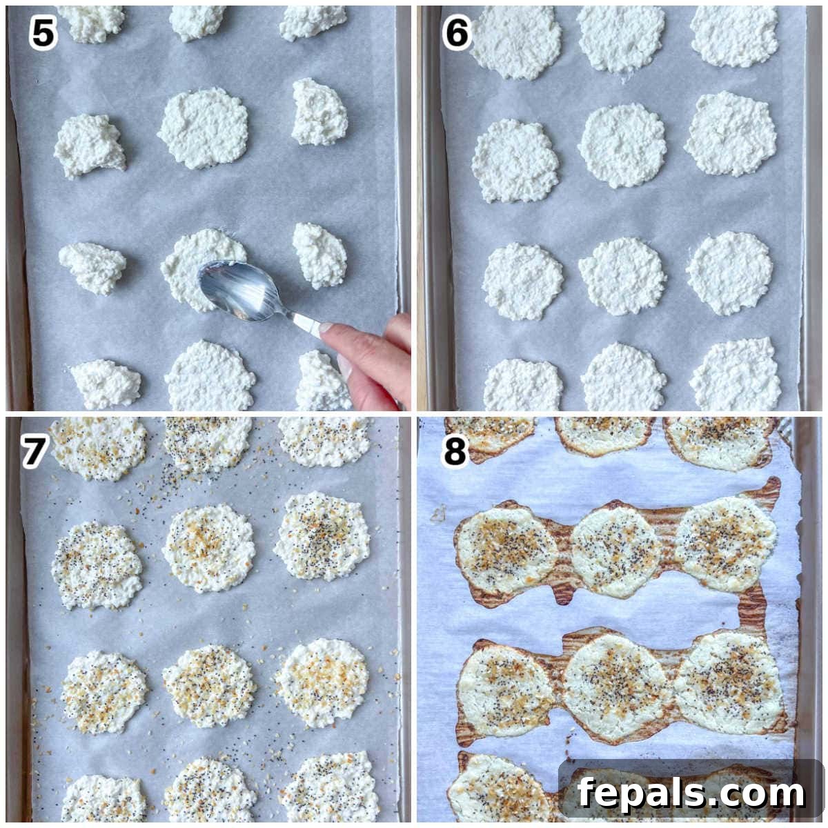 Crispy Cottage Cheese Bites 5 Detailed steps showing cottage cheese being portioned onto a baking sheet, topped with bagel seasoning, and prepared for baking.