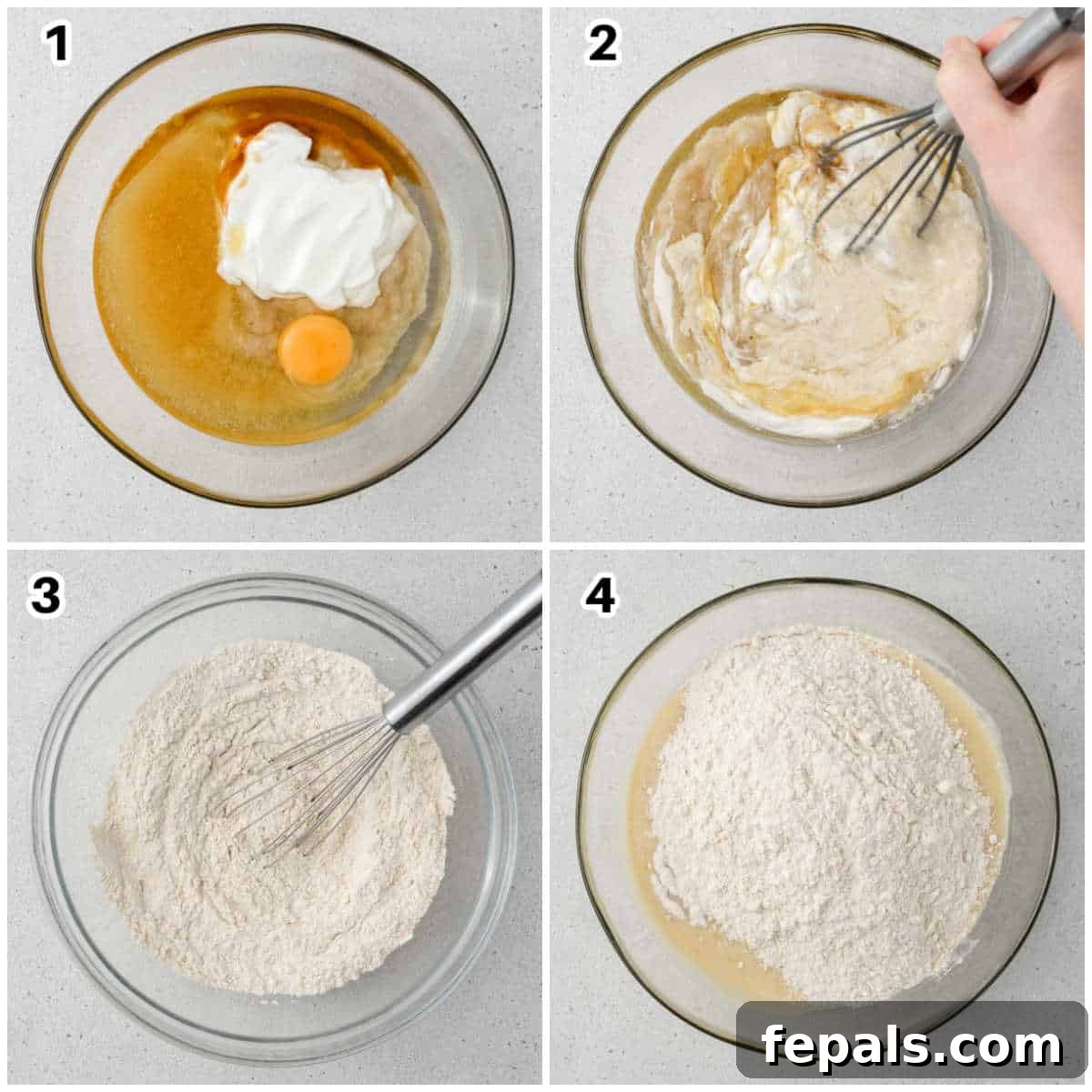 Power Banana Loaf 5 A collage showing the initial steps of preparing the protein banana bread batter: mashing ripe bananas, whisking together all the wet ingredients in one bowl, and separately combining all the dry ingredients.