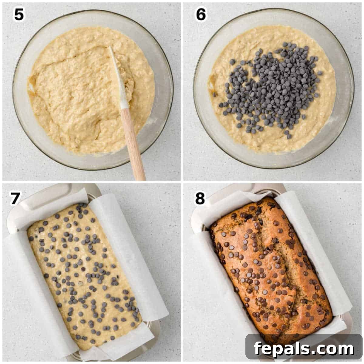Power Banana Loaf 6 A collage demonstrating the final steps of preparing and baking protein banana bread: gently folding in chocolate chips, pouring the batter into the prepared loaf pan, topping with extra chocolate chips, and showcasing the perfectly baked, golden-brown loaf.