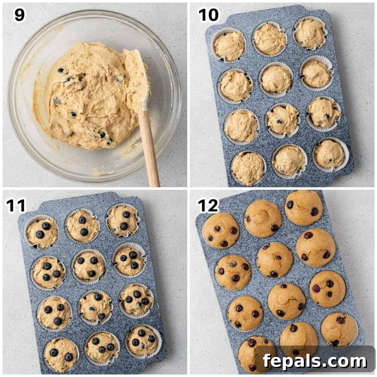 Moist Blueberry Cottage Cheese Muffins 6 process shots showing adding the batter into muffin tins and baking in pan.