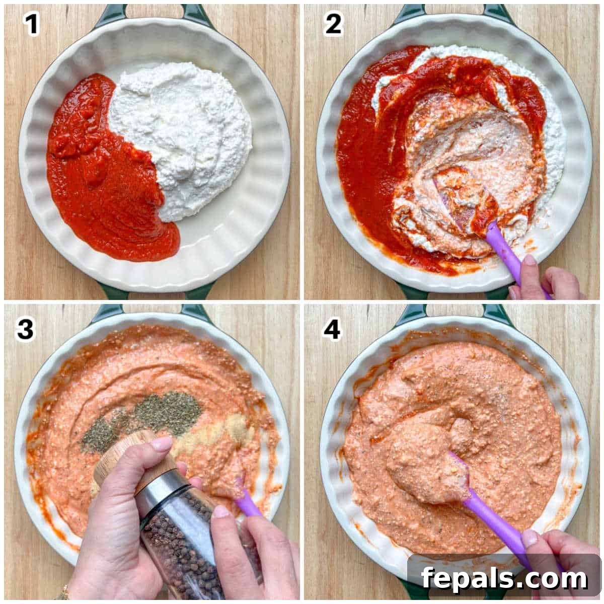 Crustless Pizza Cottage Bowl 4 process shots showing how to make the base of the cottage cheese pizza.