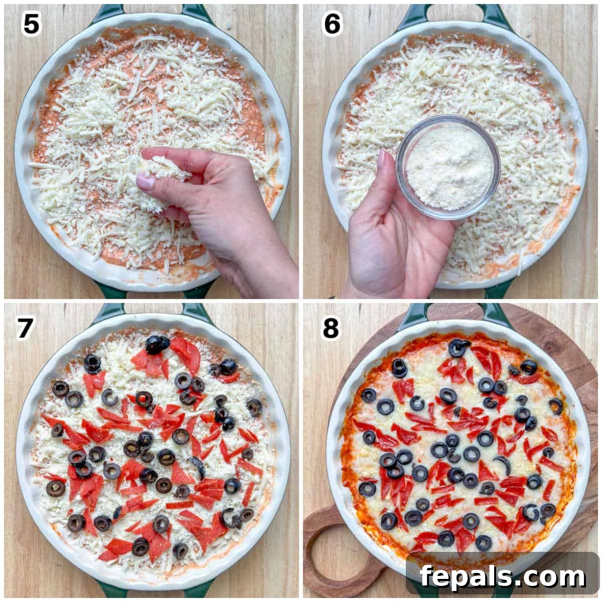 Crustless Pizza Cottage Bowl 5 process shot showing adding the topping of the pizza bowl before baking.