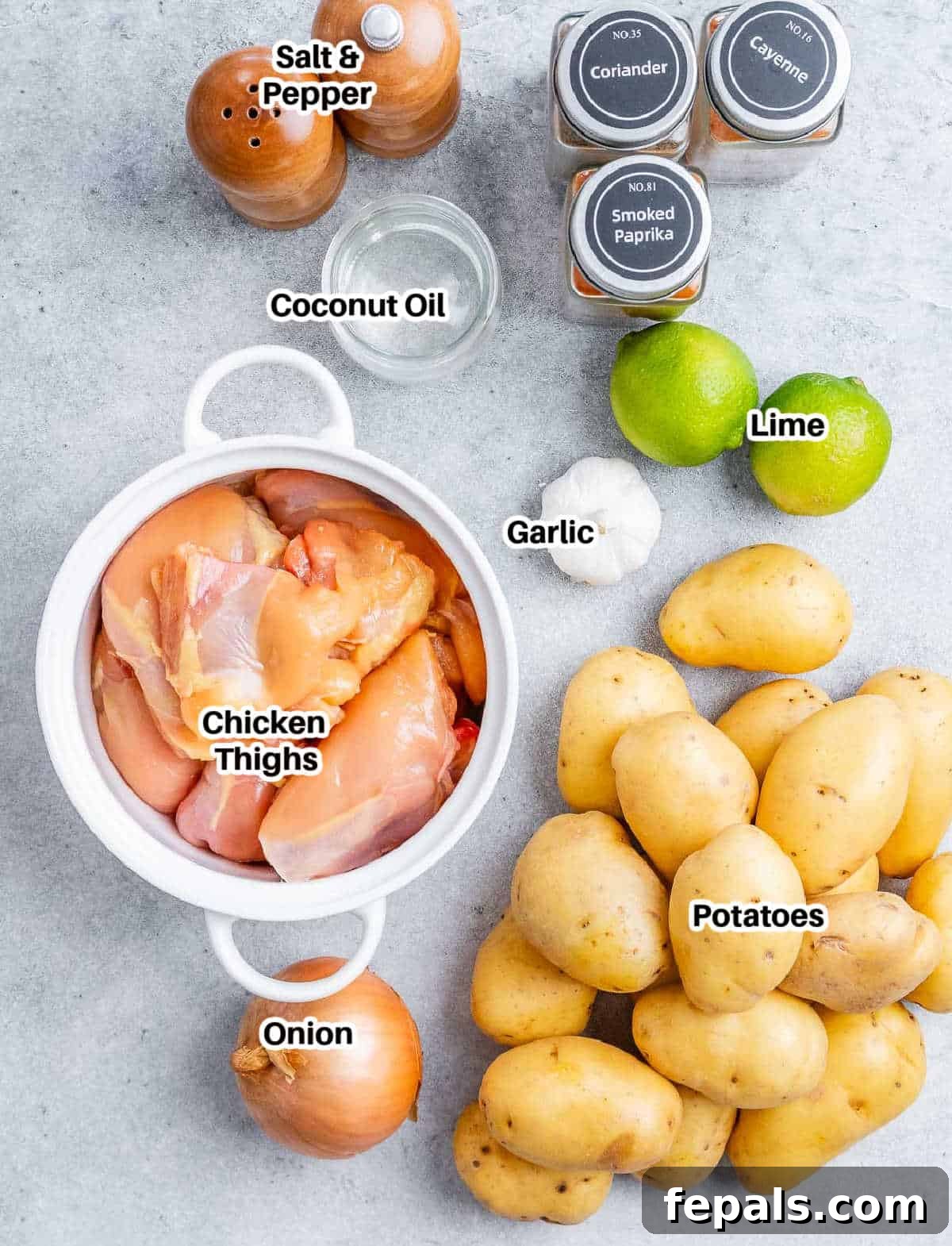 Overhead shot of raw ingredients (chicken, baby potatoes, lime, minced garlic, coconut oil, and sweet onion) labeled and laid out on a clean surface, ready for preparation.
