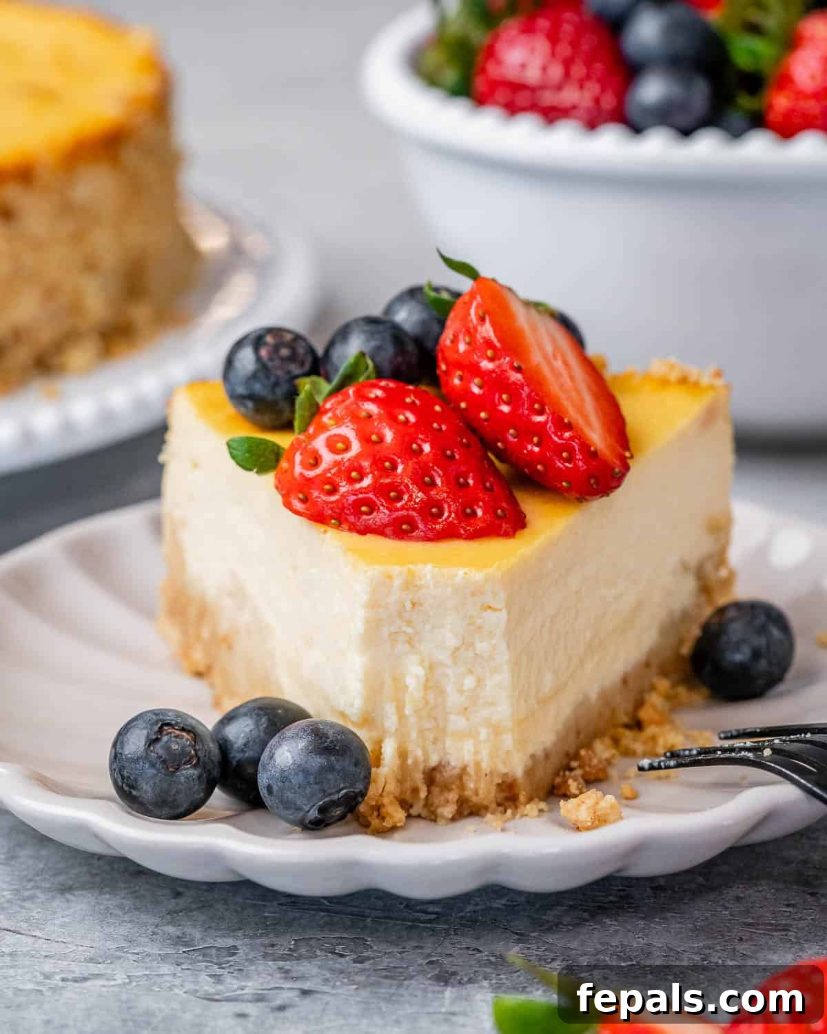 Slice of cottage cheese cheesecake topped with strawberries and blueberries on a white plate, showcasing its creamy texture.