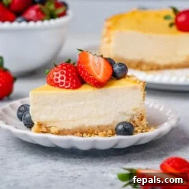 Slice of cheesecake on a plate with strawberries, blueberries, and a strawberry half on top.