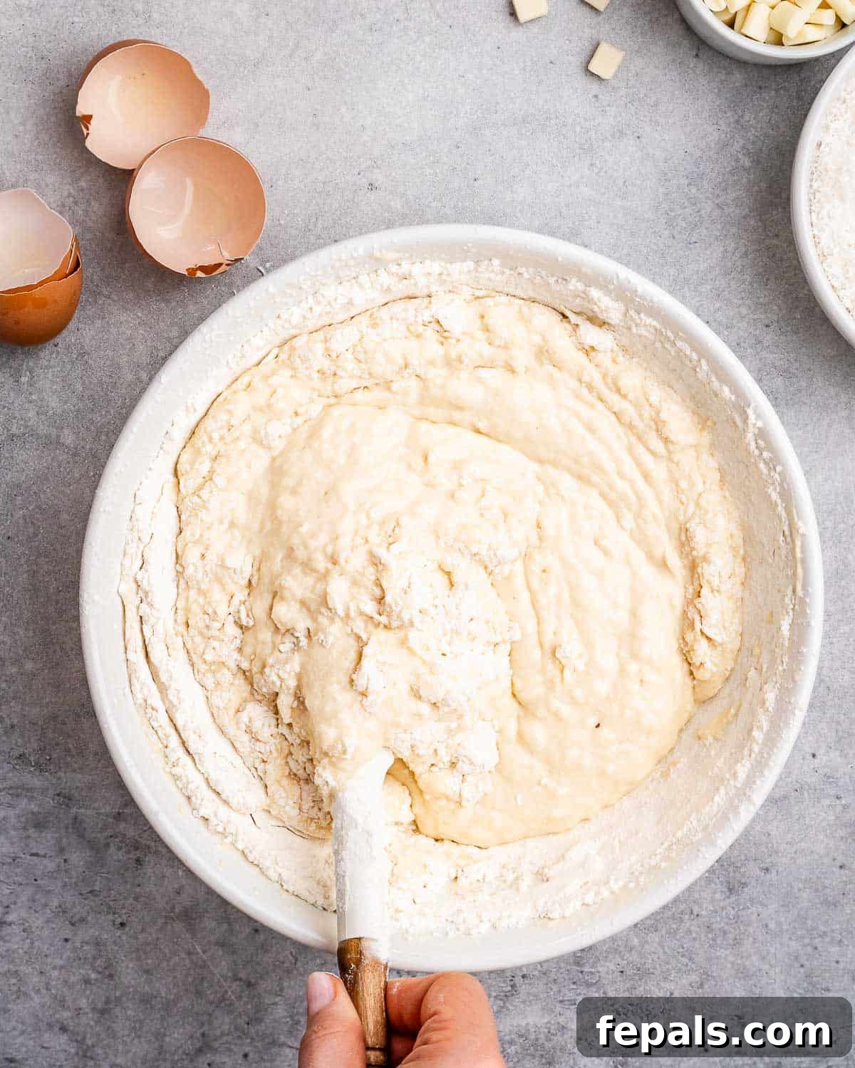 Tropical Coconut Bliss Cake 6 A lumpy, thick coconut cake batter in a mixing bowl, showing the texture after dry ingredients have been gently folded in by hand with a spatula, indicating proper mixing without overworking.
