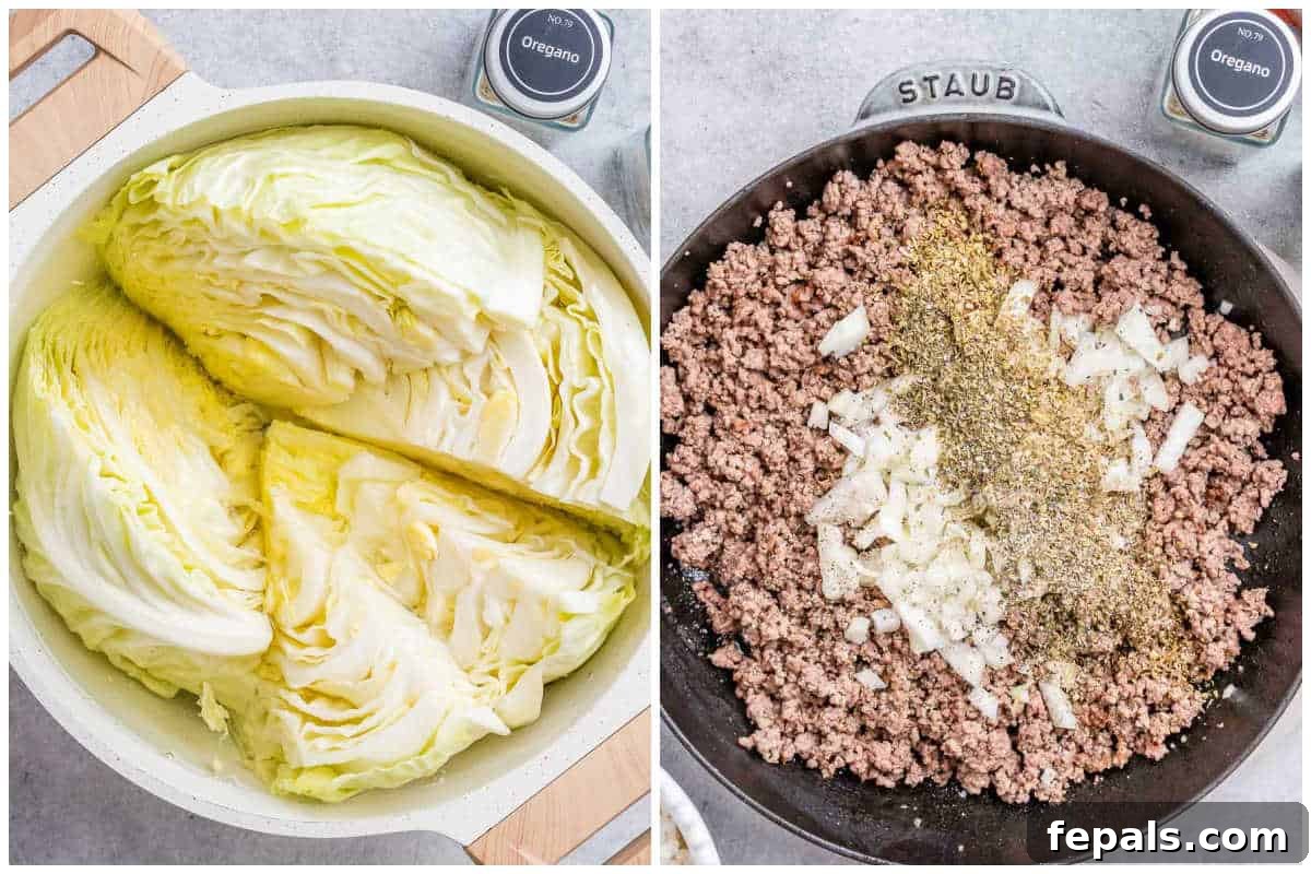 Easy Cabbage Roll Bake 4 Process shots showing a large pot of boiling cabbage wedges and a skillet with ground beef browning with diced onions and garlic, illustrating the initial cooking steps for the Cabbage Roll Casserole.