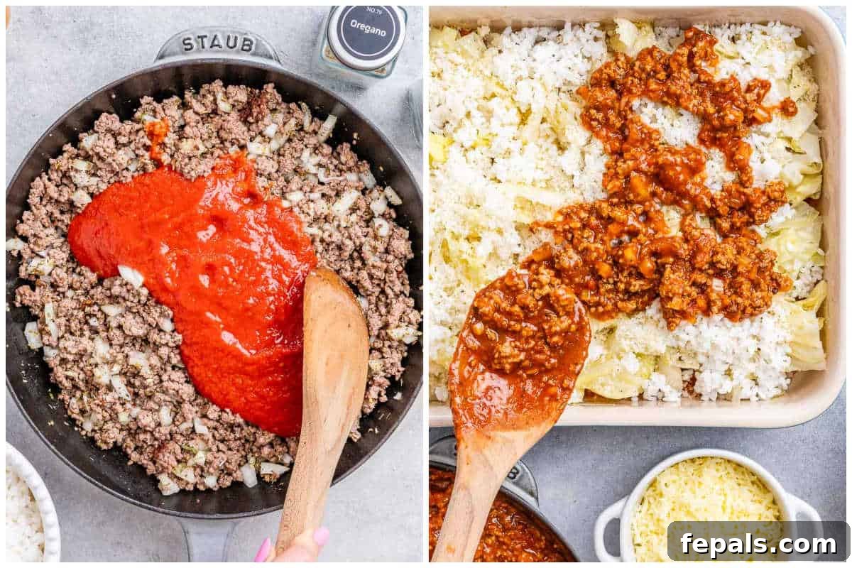 Easy Cabbage Roll Bake 5 Process shots illustrating adding marinara sauce and beef broth to the browned ground beef mixture in a skillet, and then spreading the finished meat sauce over a layer of cooked cabbage in a casserole dish.