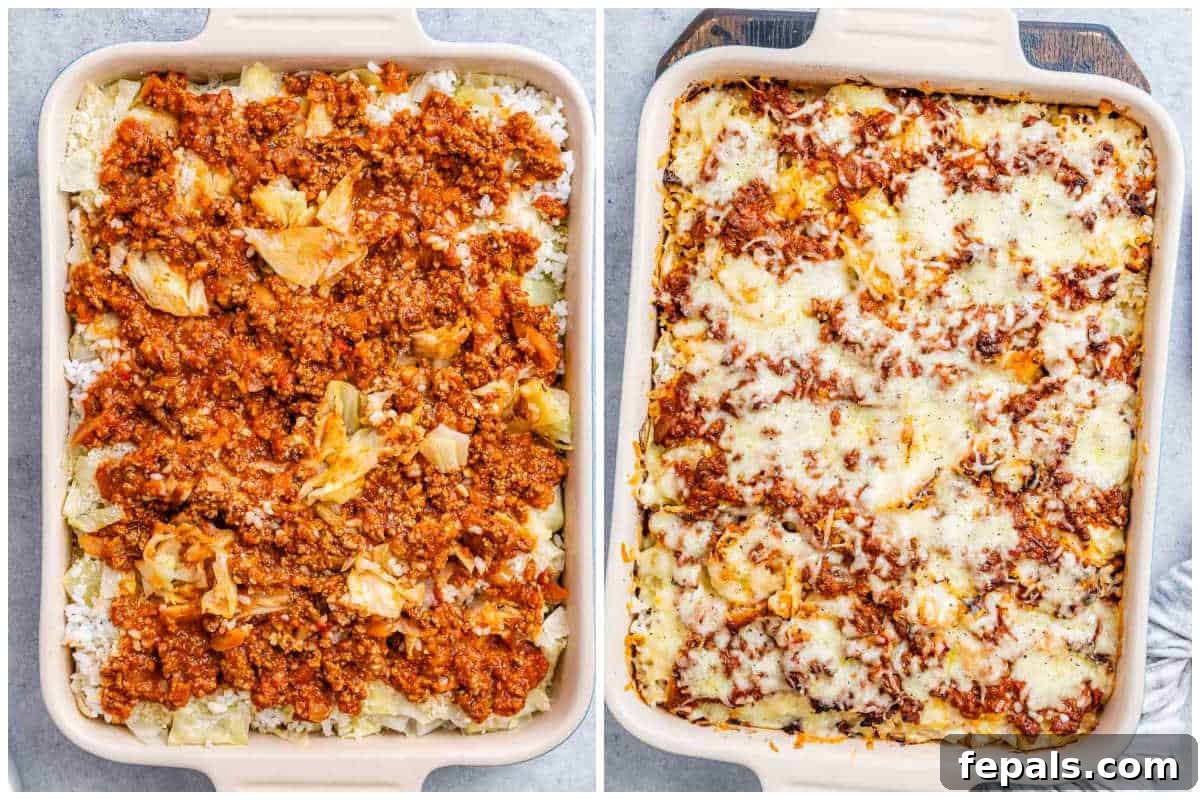 Easy Cabbage Roll Bake 6 Process shots illustrating the layering of ingredients in a casserole dish: chopped cabbage at the bottom, followed by rice, parmesan cheese, and then the beef sauce. The final image shows the casserole topped with shredded mozzarella cheese, ready for baking.