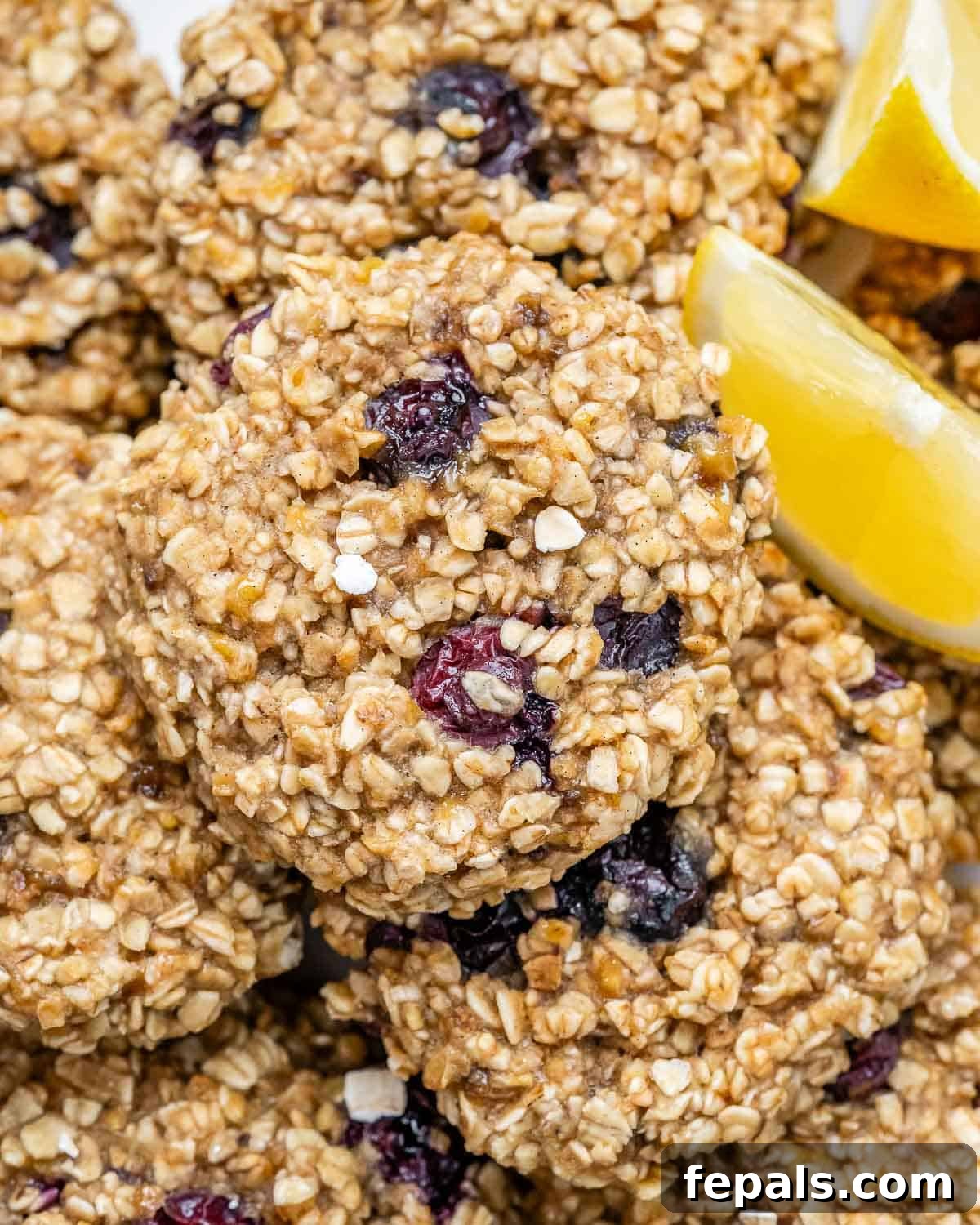 Soft-Baked Blueberry Oatmeal Cookies 10 A stack of blueberry oatmeal cookies on a white plate, garnished with a few fresh blueberries, highlighting their appealing texture.