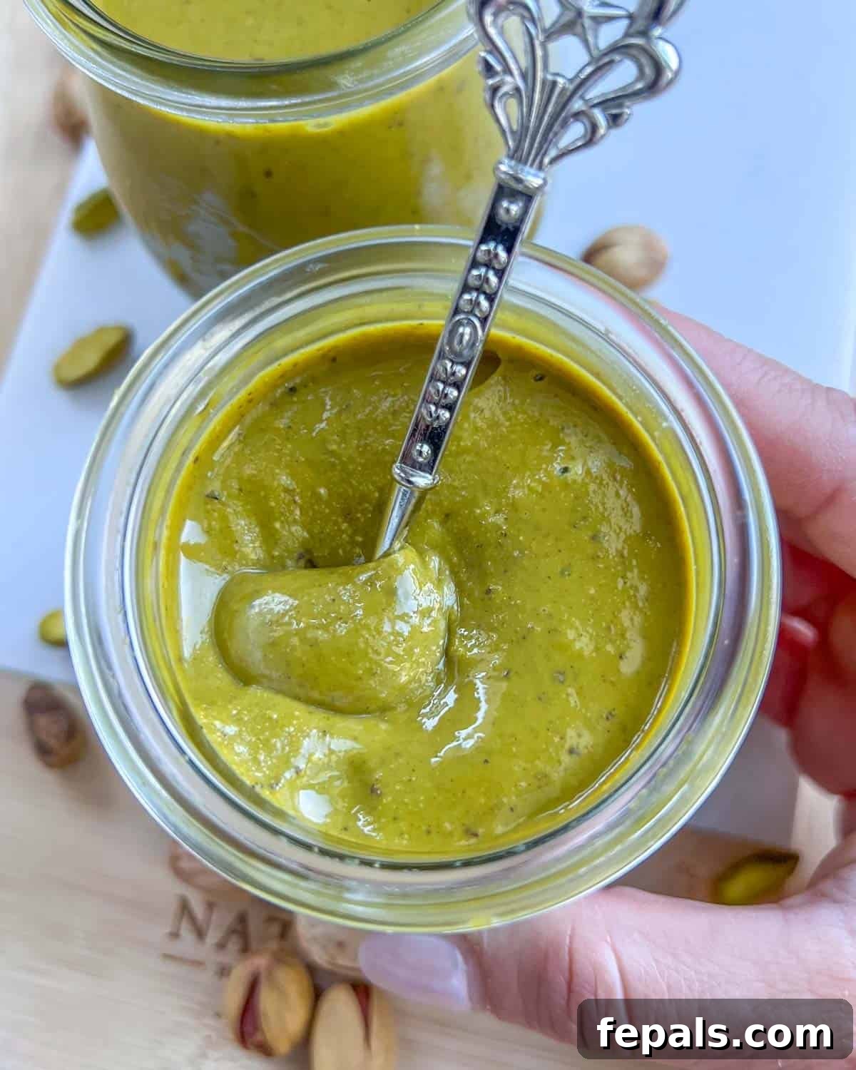 Handcrafted Pistachio Perfection 2 Hand holding a jar with homemade pistachio butter and a spoon in it, showcasing its creamy texture.