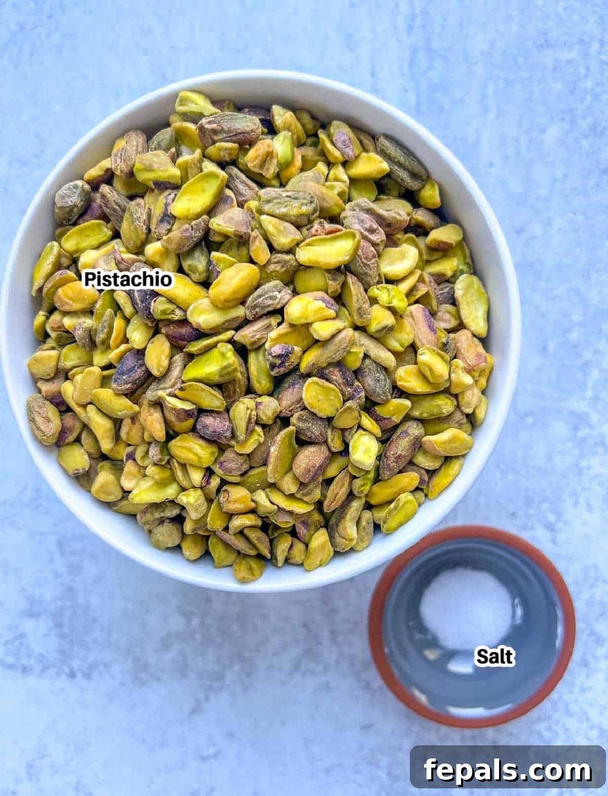 Handcrafted Pistachio Perfection 3 Ingredients shot showing raw shelled pistachios and a small bowl of salt, ready to make pistachio butter.