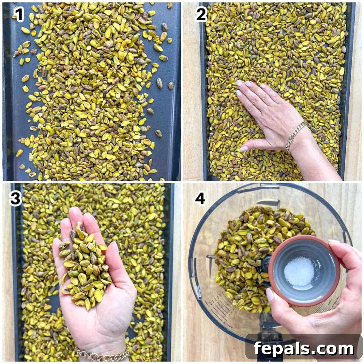 Handcrafted Pistachio Perfection 4 Process showing shelled pistachios being added to a baking pan, then spread out evenly, and finally transferred to a food processor.