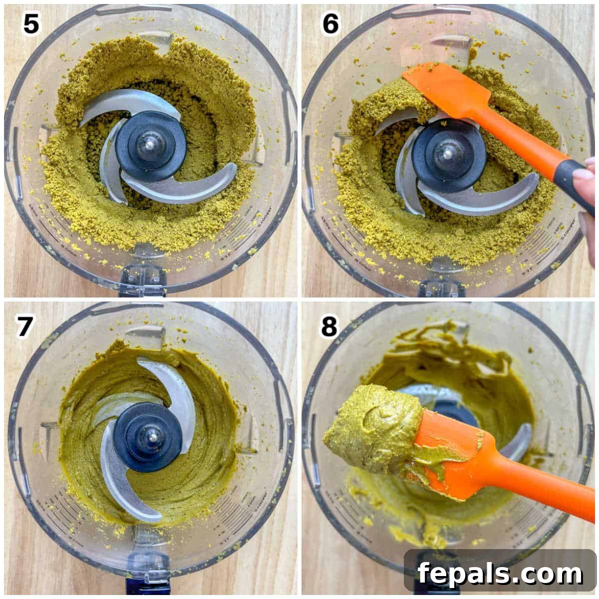 Handcrafted Pistachio Perfection 5 Process showing the pistachios being blended in a food processor, progressing from coarse meal to a smooth butter consistency.