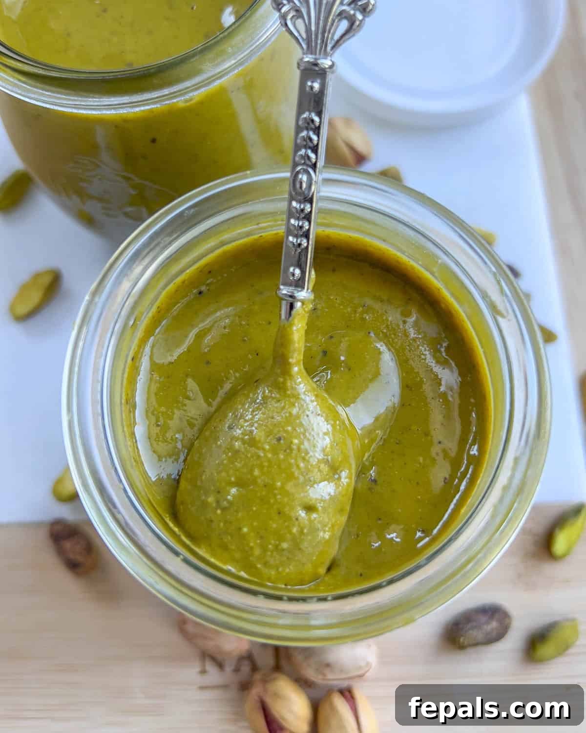 Handcrafted Pistachio Perfection 7 A spoon dipped into a jar of creamy homemade pistachio butter, highlighting its rich texture.