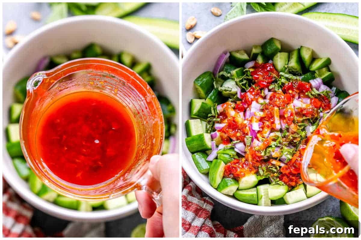 Process shot of the Thai dressing being prepared in a small glass jug.