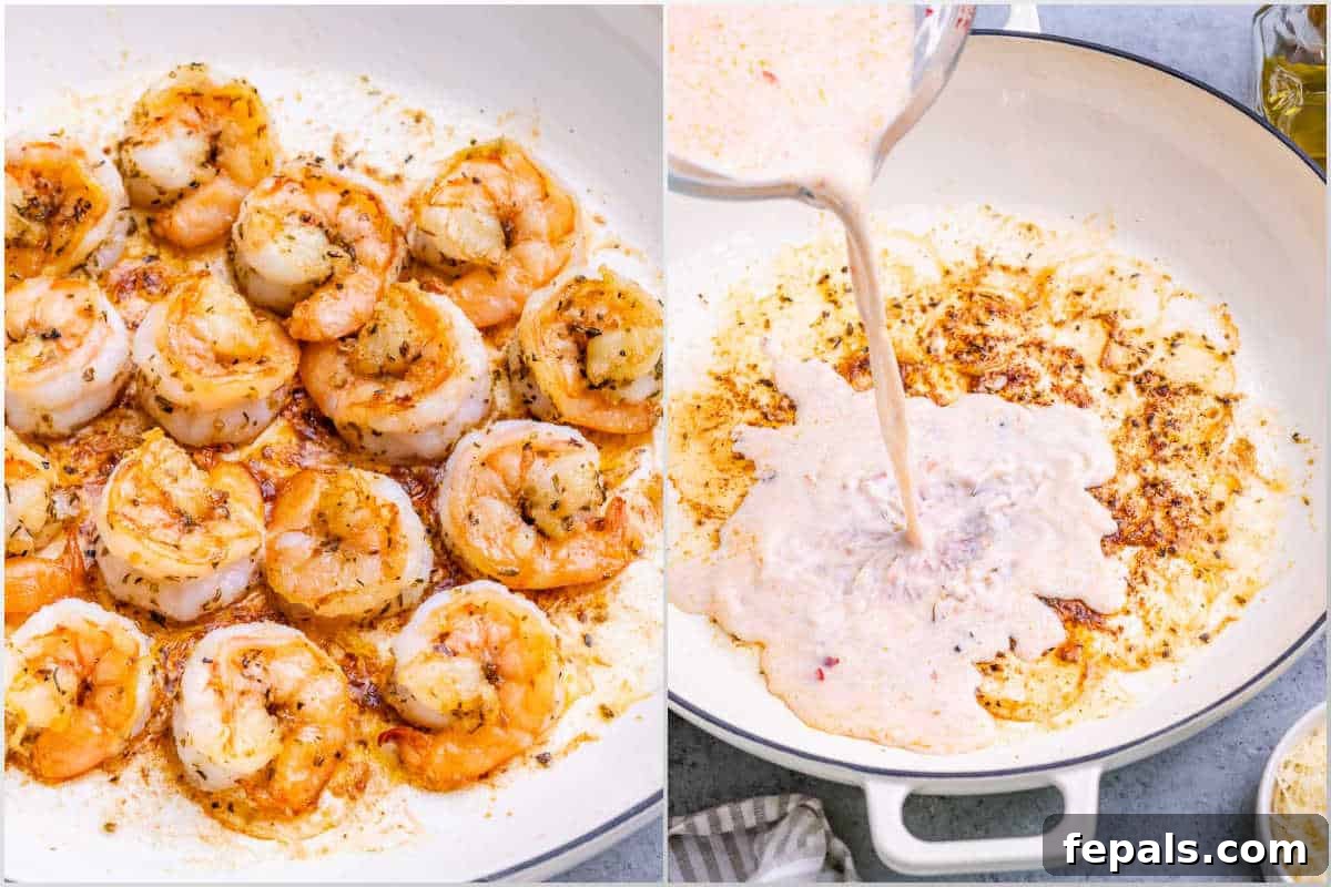 Decadent Marry Me Shrimp Pasta 3 Collage showing seasoned shrimp and sauce ingredients being prepared for Marry Me Shrimp Pasta.