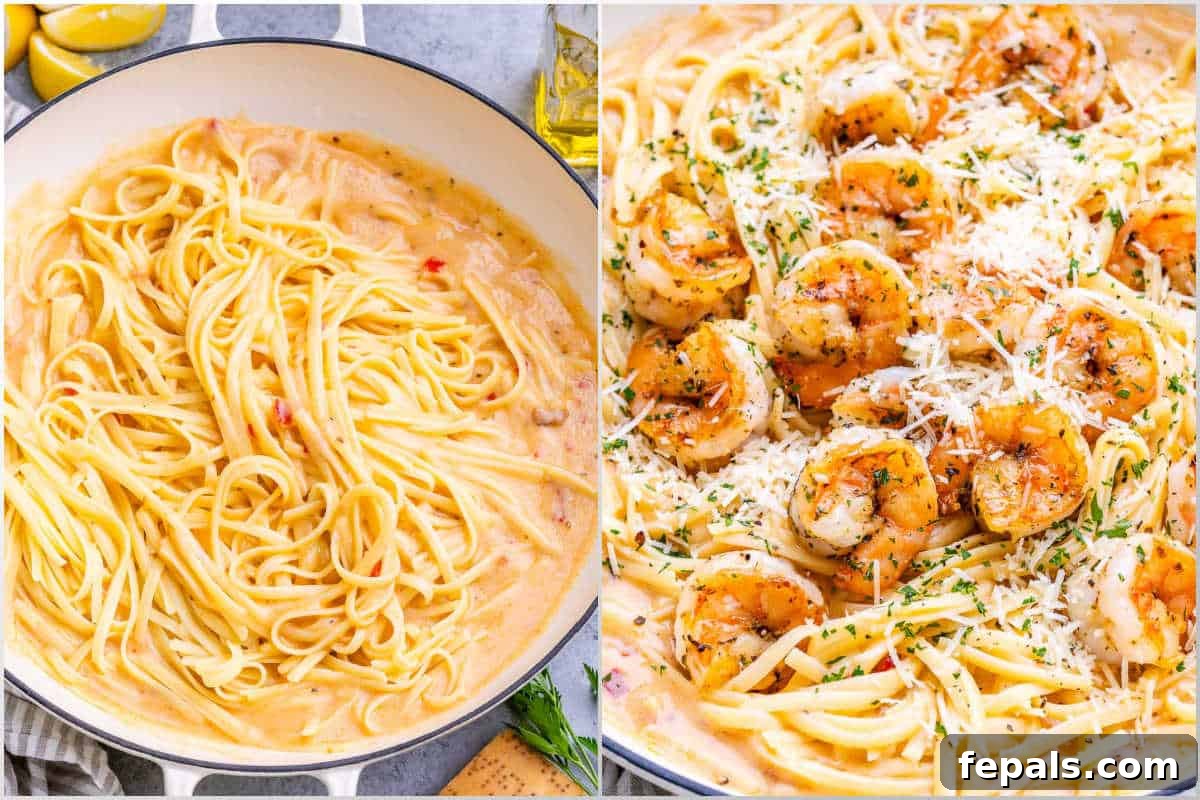 Decadent Marry Me Shrimp Pasta 4 Collage showing the process of adding pasta to the creamy sauce and combining with shrimp in the pan.