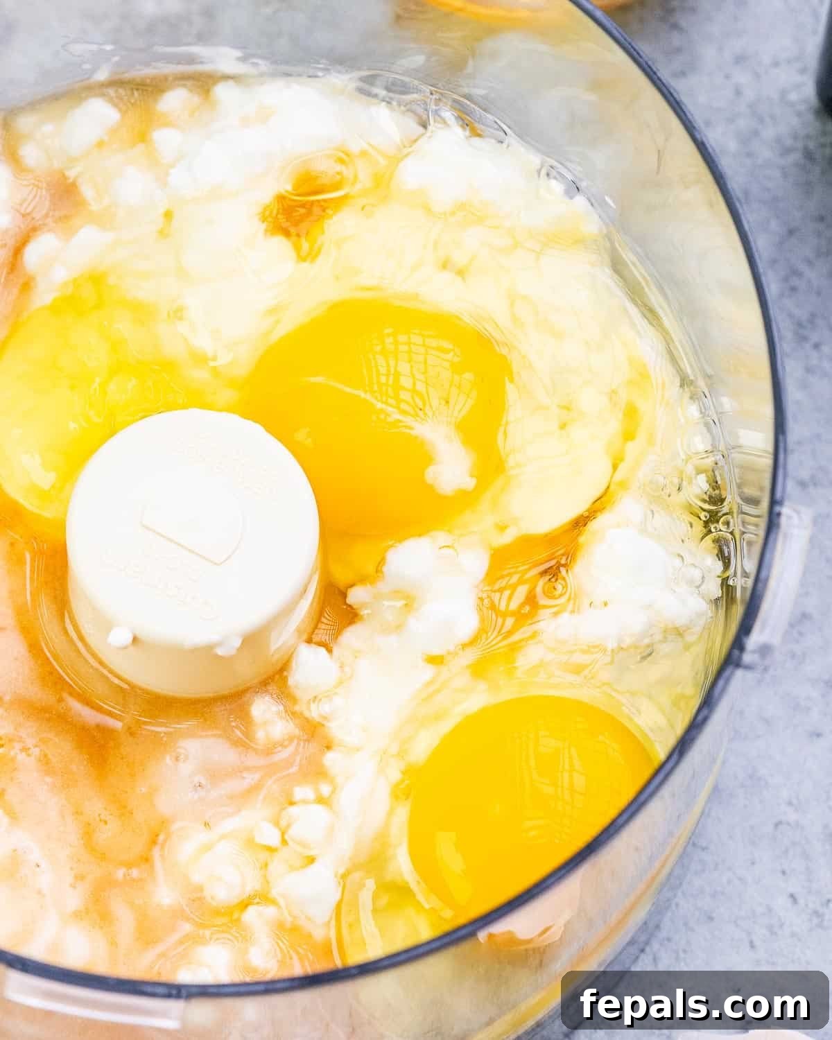 Cottage cheese, eggs, vanilla extract, honey, milk, and vegetable oil are being added into a food processor or blender.