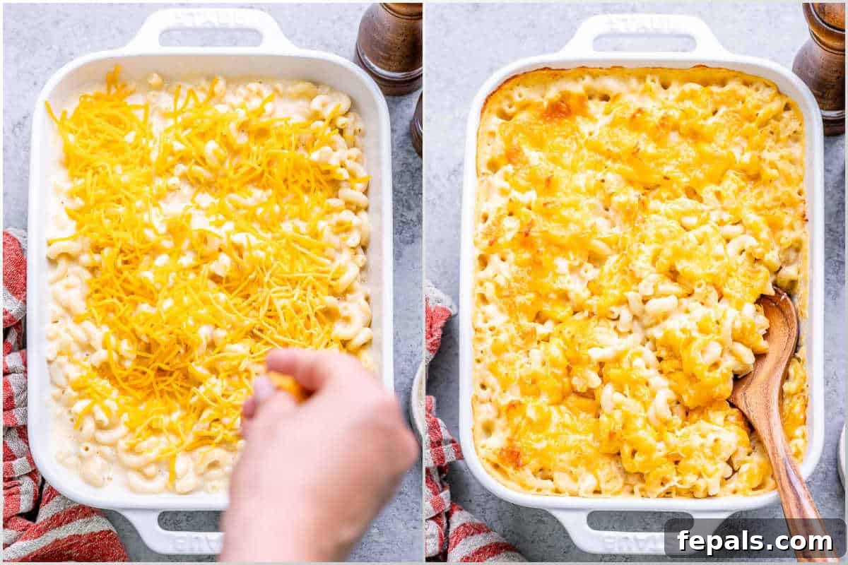 Velvet Cottage Mac and Cheese 7 A hand sprinkling additional shredded cheddar and Parmesan cheese over the mac and cheese before baking.