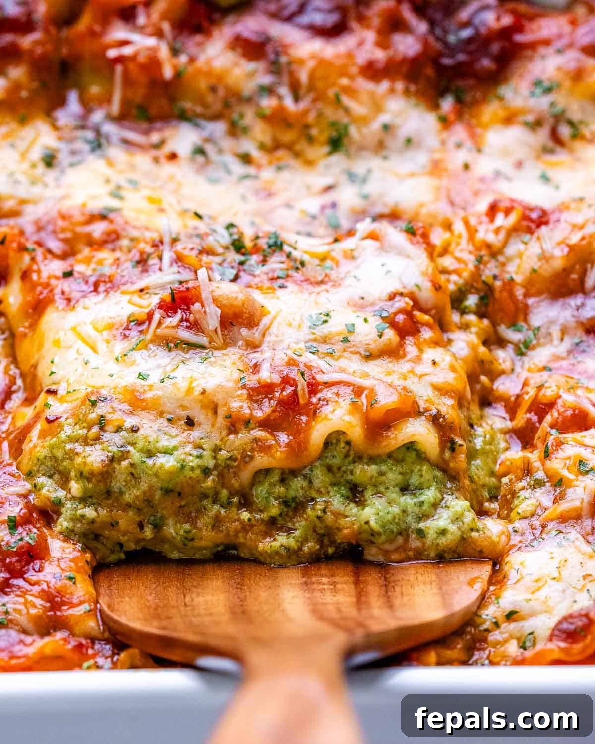 Homestyle Cottage Cheese Lasagna 2 A generous slice of homemade Cottage Cheese Lasagna being carefully lifted from a baking dish, showcasing its creamy layers of melted cheese, vibrant spinach, and rich tomato sauce.