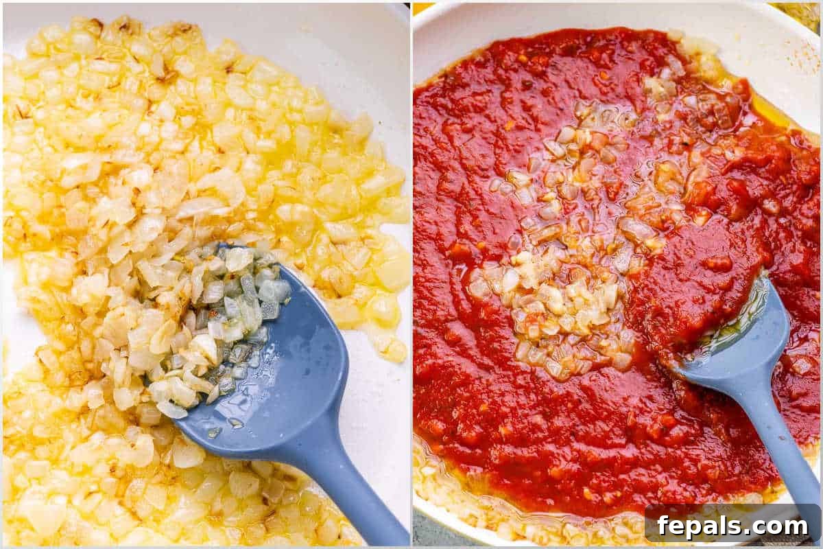 Homestyle Cottage Cheese Lasagna 4 The cooking process of sautéing finely diced onion and minced garlic in olive oil, followed by the addition of rich marinara sauce to simmer in a large pan, forming the base of the lasagna's tomato layer.