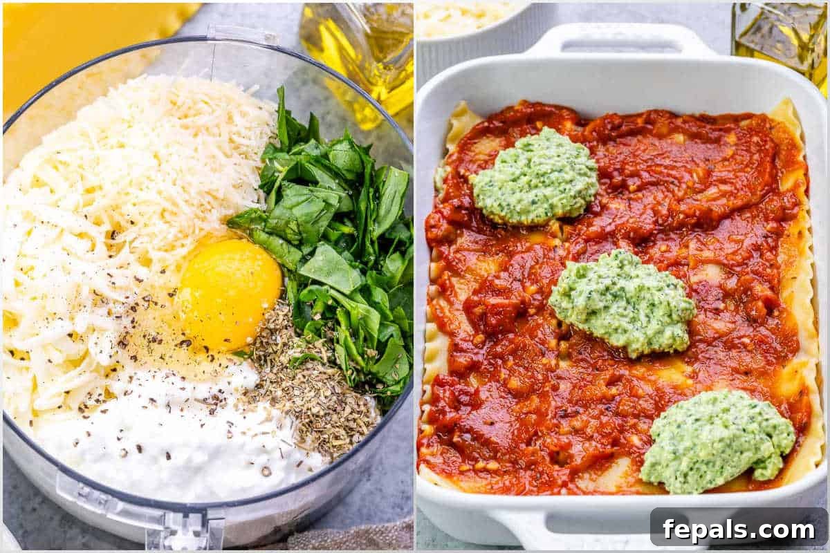 Homestyle Cottage Cheese Lasagna 5 The process of blending creamy cottage cheese with mozzarella, Parmesan, egg, spinach, and Italian seasoning in a food processor to create a smooth, vibrant green cheese filling for the lasagna.