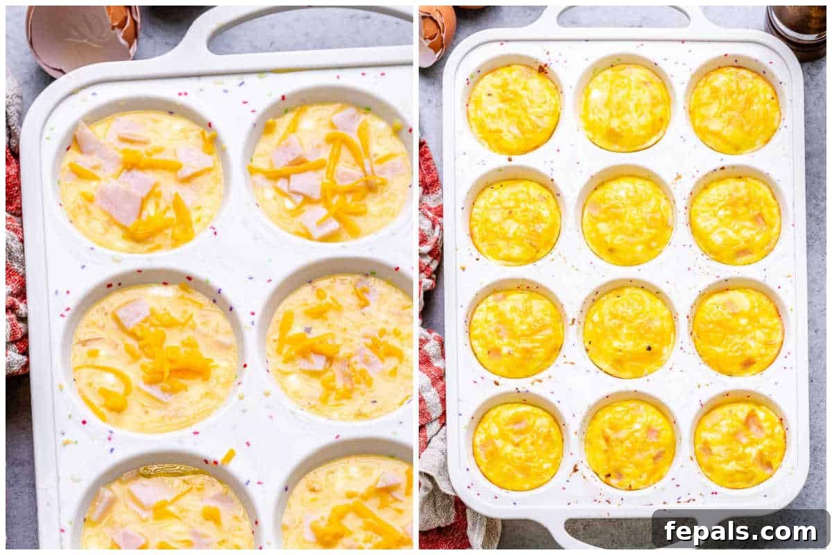 Protein-Packed Cottage Cheese Egg Cups 5 Process shot showing the egg mixture, topped with chopped turkey, being poured into a silicone muffin tin.