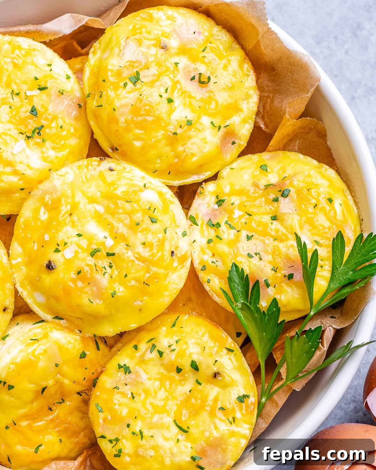 Protein-Packed Cottage Cheese Egg Cups 6 A bowl of freshly baked turkey cottage cheese egg bites, garnished with fresh parsley.