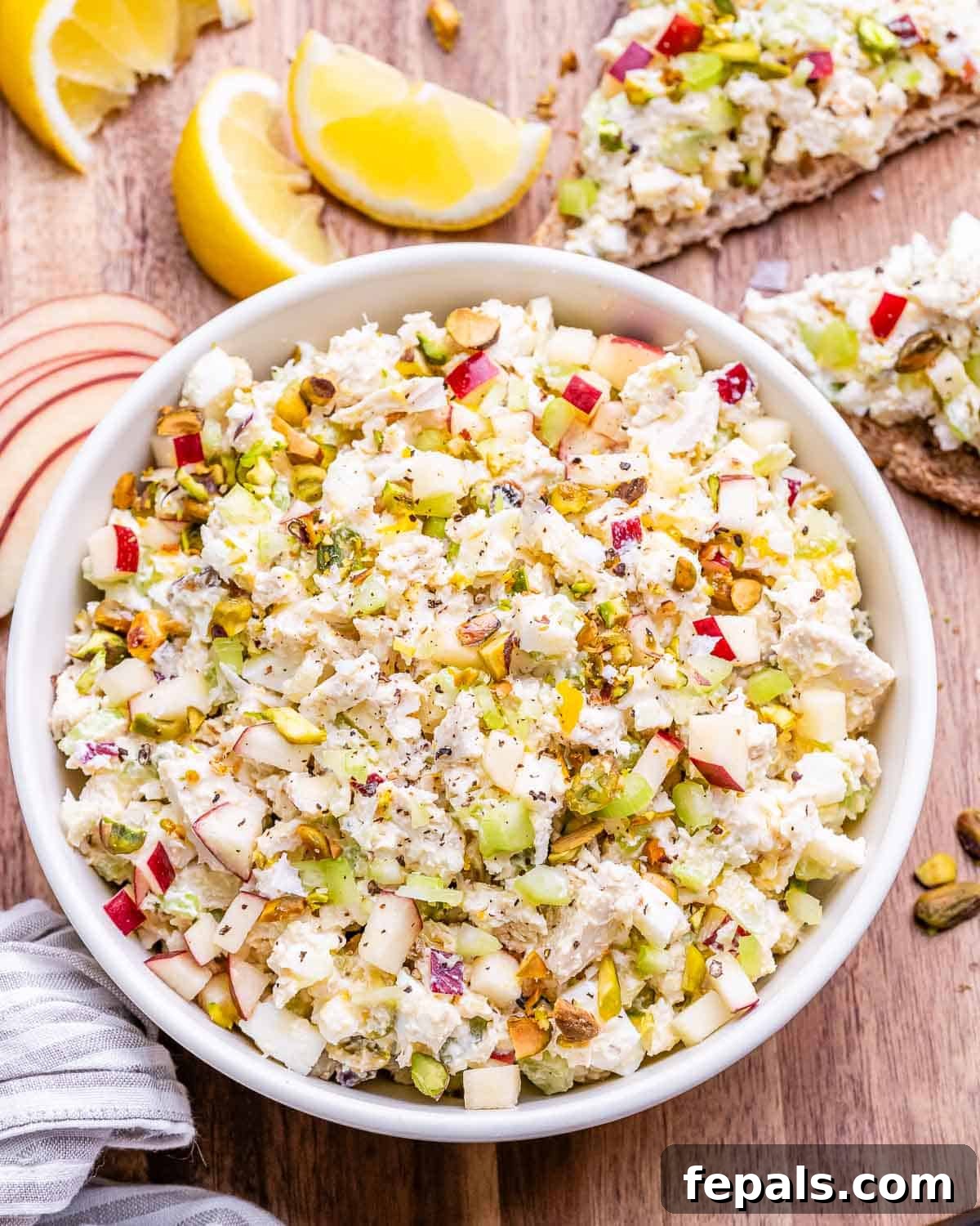 Light and Creamy Cottage Chicken Salad 7 A large white bowl showcasing the perfectly mixed cottage cheese chicken salad, ready to be served or chilled.