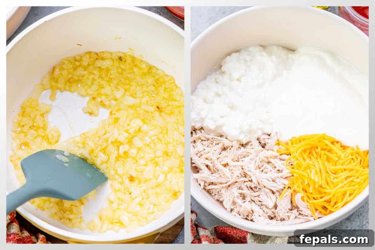 Process shot showing a pan with sautéed diced onions and then a bowl with shredded chicken, cottage cheese, Greek yogurt, and buffalo sauce being added, ready for mixing.